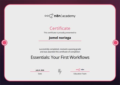 Essentials: Your First Workflows certificate awarded to Jomel Noriega by the n8n Academy — click to enlarge