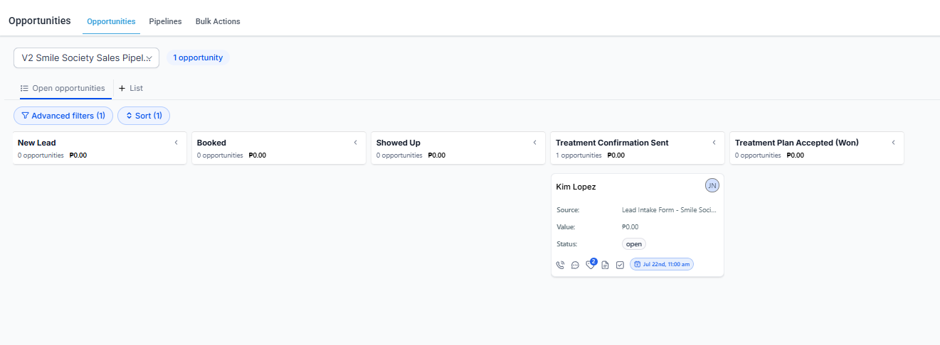 GoHighLevel Opportunities view showing the five-stage Smile Society sales pipeline: New Lead, Booked, Showed Up, Treatment Confirmation Sent, and Treatment Plan Accepted (Won), with a test opportunity card in the Treatment Confirmation Sent stage